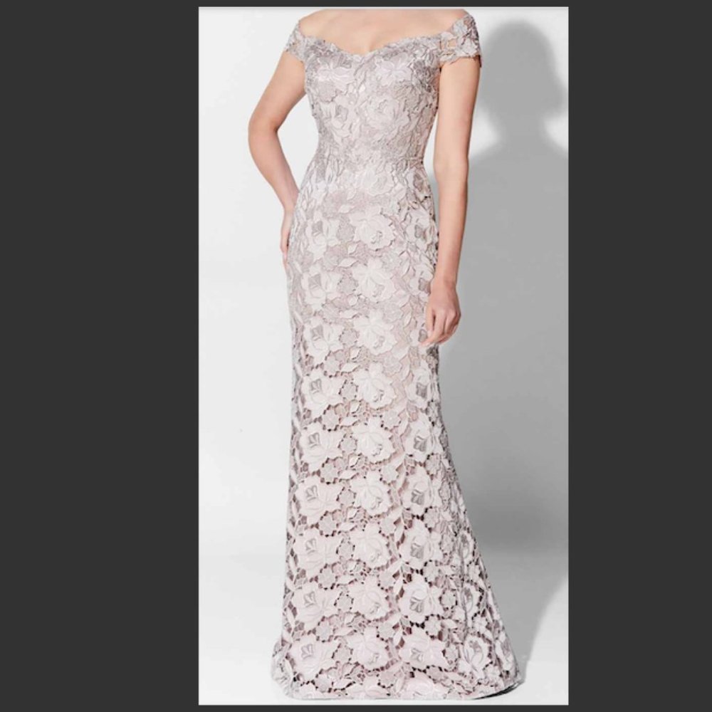 Ivonne D Mon Cheri Mauve Embroidered Crepe Laced Evening Gown